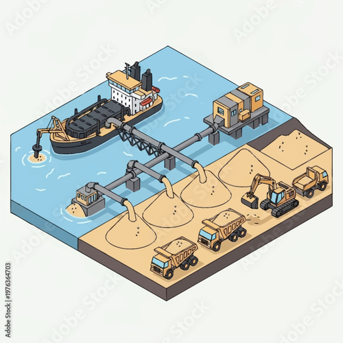 Cargo ships loading sand to trucks.