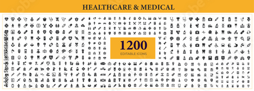 Vast collection of 1200 diverse healthcare and medical icons featuring symbols for doctors hospitals and treatments