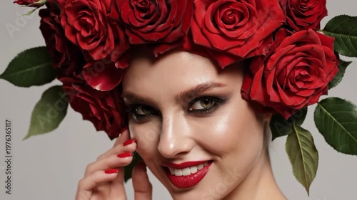Glamorous woman with dramatic makeup and a crown of deep red roses
