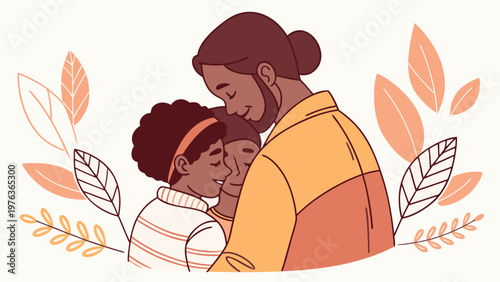 Illustration of a loving family embrace featuring a parent and two children surrounded by decorative leaves and soft colors, symbolizing warmth and connection