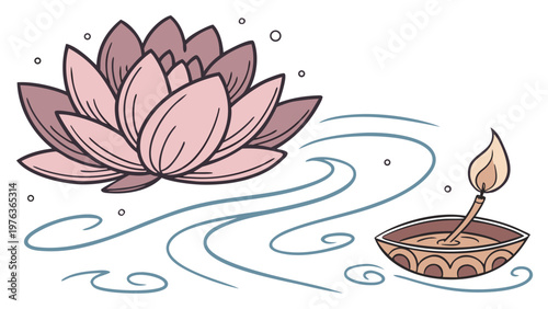 Illustration of a pink lotus flower floating on water beside a traditional oil lamp with a lit wick, surrounded by gentle waves and decorative elements