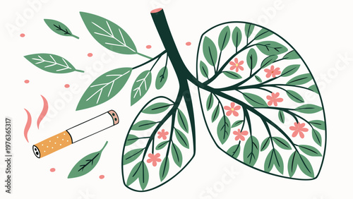 Illustration of human lungs depicted as green leaves with flowers, alongside a cigarette, symbolizing the impact of smoking on health and the environment