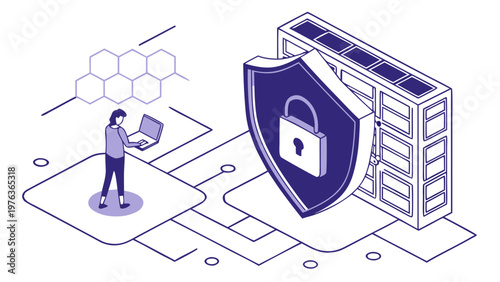 Illustration of a person using a laptop with a shield symbolizing cybersecurity, surrounded by data storage elements and network connections in a digital environment