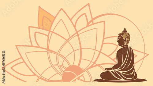 Buddha silhouette sitting in meditation pose with a large lotus flower illustration in the background, featuring soft pastel colors and intricate line details