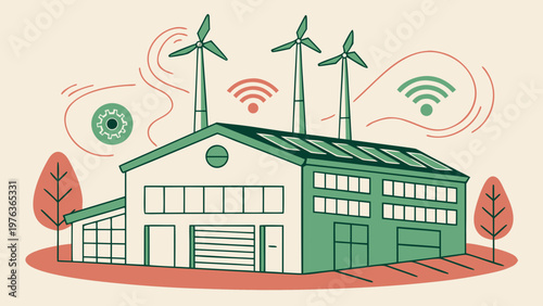 Illustration of a modern eco-friendly building with wind turbines, solar panels, and digital connectivity symbols, surrounded by trees and a light background