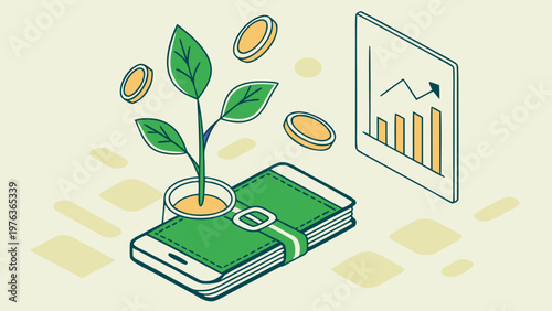 Illustration of smartphone with green wallet, plant growing from coins, and financial growth chart, symbolizing investment and savings concepts in a modern digital economy