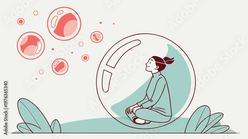 Illustration of a young woman sitting inside a transparent bubble, surrounded by colorful bubbles and green foliage on a light background