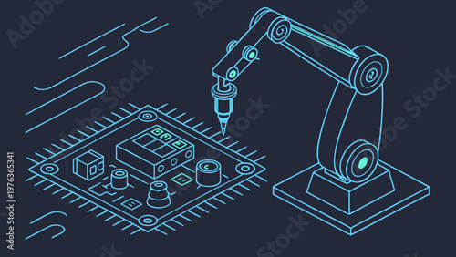 Robotic arm with precision tool working on a microchip circuit board in a digital illustration depicting automation and technology in electronics manufacturing