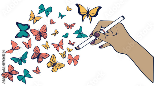 Hand holding a stylus creates colorful butterflies in various sizes and shapes, illustrating creativity and imagination in a whimsical digital art style