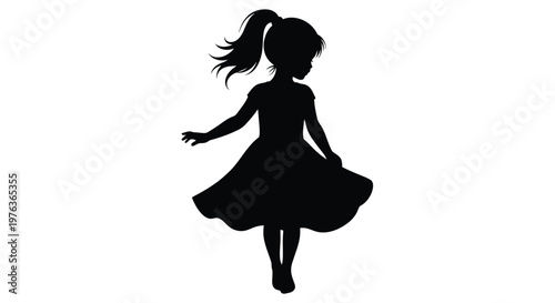 Young girl with a ponytail joyfully twirling in a dark silhouette
