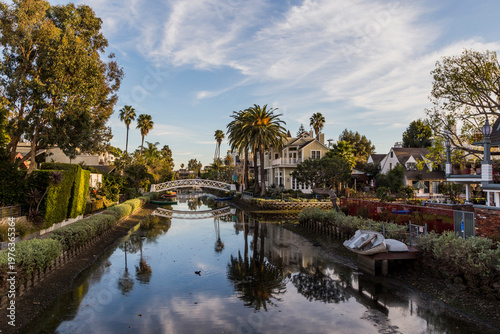 Εκτύπωση καμβά Residential houses and bridge along Venice canals in Los Angeles California