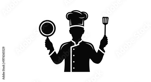 Chef holding frying pan and spatula a bold black silhouette