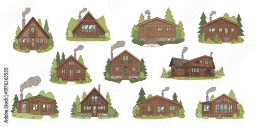 Rustic wooden cabin collection, set of 11 timber lodge illustrations with pine trees, cozy forest cottage vector icons for mountain travel and camping