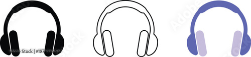  Wireless Headphone Audio Icon Trio Silhouette Outline Purple Vector.
