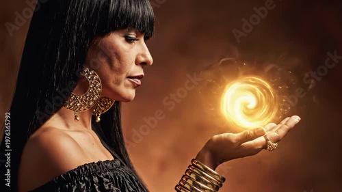 Mysterious woman with glowing orb in hand against warm background