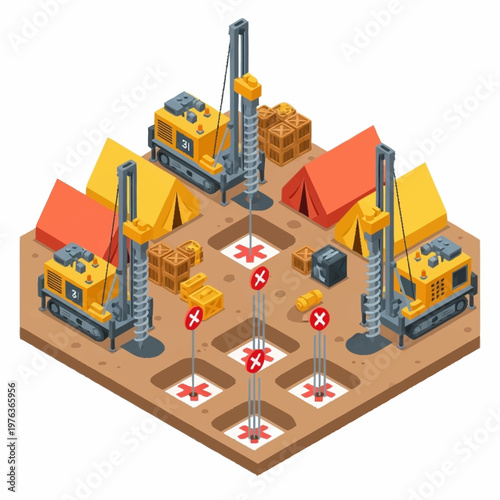 Yellow construction drilling machines at site.