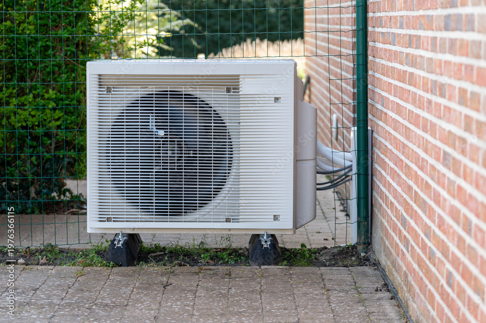 © Anna Kondratiuk - Outdoor unit of a modern air source heat pump installed next to a brick wall of a residential house. Energy-efficient heating system and renewable energy technology for sustainable home climate