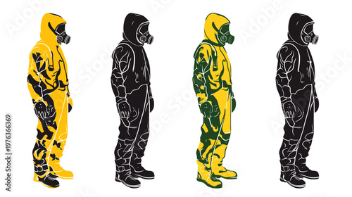Four stylized figures in protective suits, varying in color and monochrome, against a white background