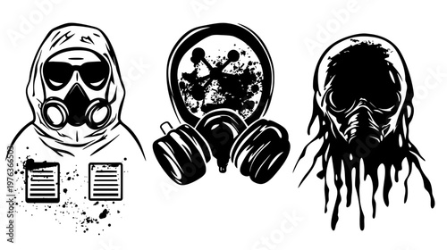 Three graphic images one figure in hazmat gear, a gas mask with a circle behind, and a mask-like head