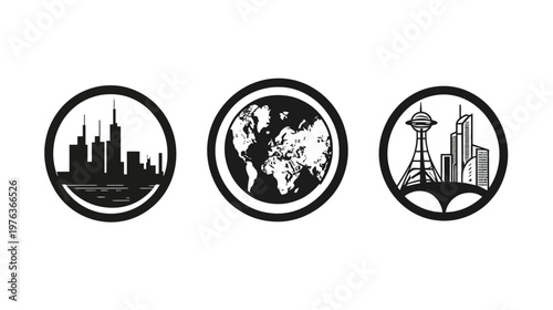 Three circular illustrations featuring a city skyline, world map, and architectural structures