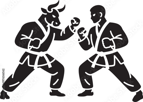 Bull headed man fighting a man in martial arts stance illustration for human and combat