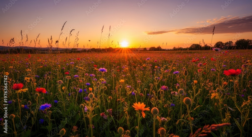 Fototapeta premium A serene field of colorful wildflowers at sunset with a clear sky