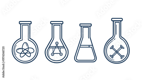 Four stylized lab flasks with different internal illustrations, set against a blank white backdrop