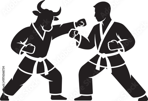 Bull and person in martial arts uniforms sparring with fists in outline style