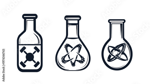 Three stylized laboratory flasks with different internal designs in black and white