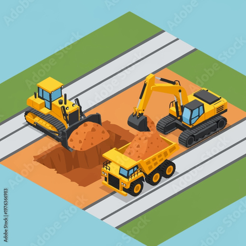 Heavy construction machines at work site.