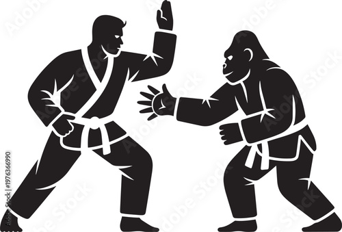 Man and gorilla in martial arts stances, fighting illustration for combat and dynamic