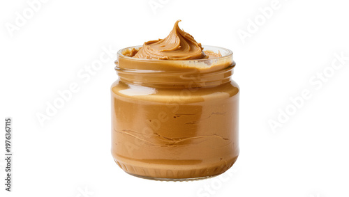 Tableau sur toile Creamy peanut butter in glass jar with swirl on top, isolated on transparent bac