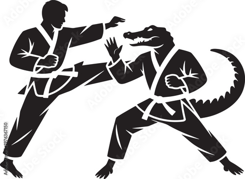 Man in martial arts uniform fights alligator in martial arts uniform for karate and kick