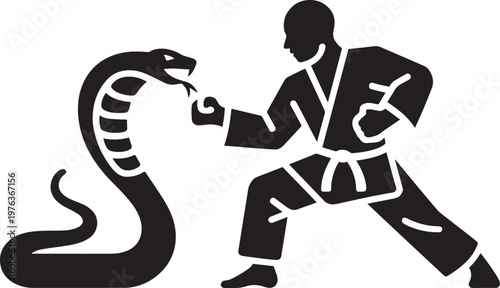 Martial artist in silhouette fighting a cobra in a black and white illustration