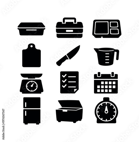 Meal Prep Essentials. Solid vector icons of meal prep: food container, lunchbox, portion tray, cutting board, chef knife,