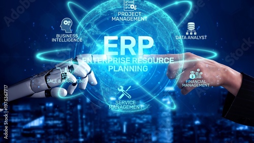 Canvas Print ERP platform visual showing centralized system for enterprise resource planning, improving integration, data flow, business efficiency, finance, inventory, and human resources