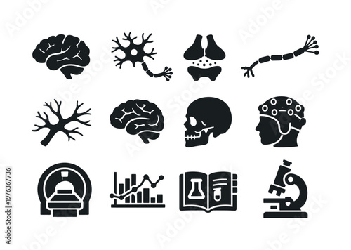 Solid vector icons of brain science: brain, neuron, synapse, axon, dendrite, cortex, skull, EEG headset, MRI scanner, data chart,