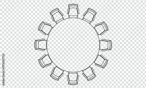 Round conference table setup with chairs arranged evenly around it isolated on transparent background, Vector 
