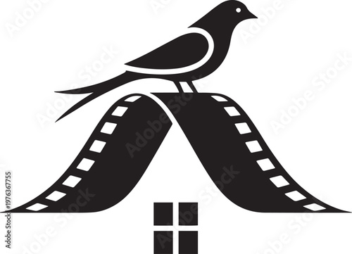 Black bird sits on film strip icon cinema symbol media concept graphic design