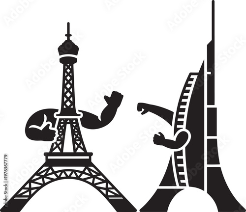 Two landmark towers with muscular arms flexing for iconic and silhouette for tower and strength