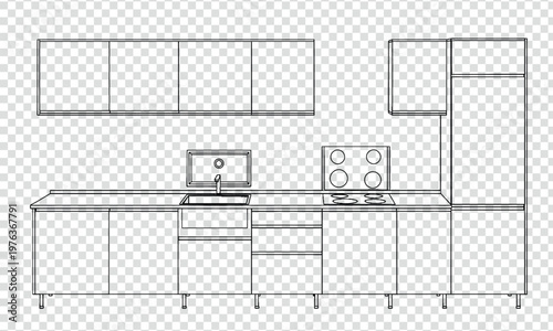 Modern kitchen layout featuring cabinets, countertops, and built-in appliances isolated on transparent background, Vector 