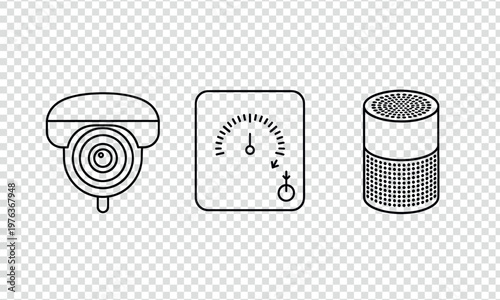Illustration of three smart home devices: camera, thermostat, and speaker isolated on transparent background, Vector 