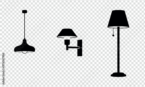 Modern black lighting fixtures in various styles for contemporary interior design isolated on transparent background, Vector 