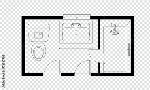 Modern bathroom layout with toilet, sink, and shower in a compact space isolated on transparent background, Vector icon