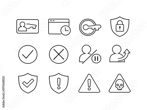 Line style vector icons of account permission icons: access, session, token, credential; enable, disable, suspend, restore;