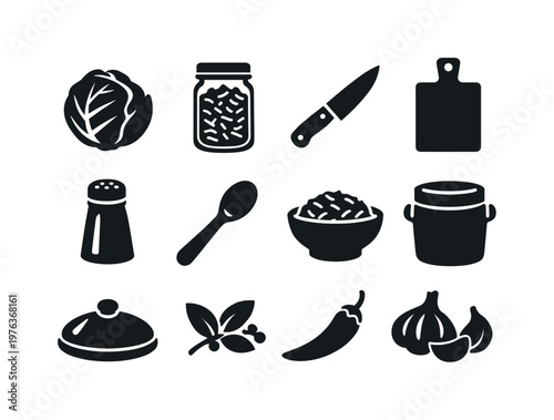 Fermented Cabbage Icons. Solid vector icons of fermented cabbage: cabbage, jar, knife, cutting board, salt, wooden spoon, bowl,