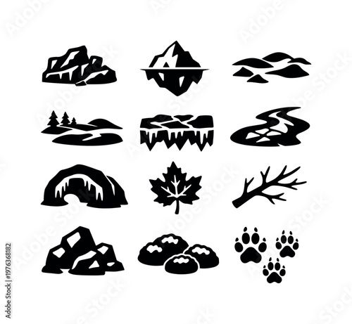 Frozen Nature Icons. Solid vector icons of frozen nature: glacier, iceberg, snowfield, tundra, permafrost, frozen river, ice cave,