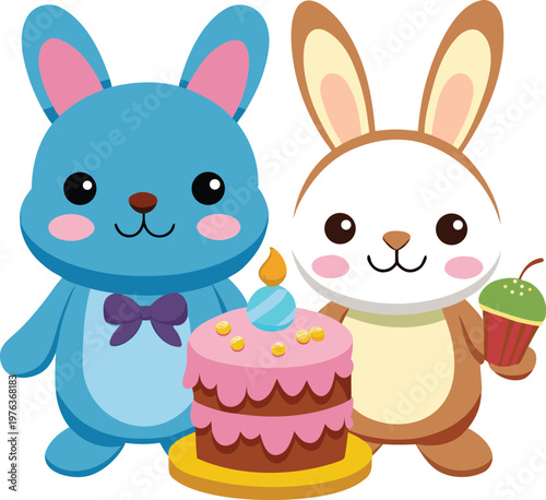 Two Cartoon Rabbits Celebrating with a Birthday Cake and Drink