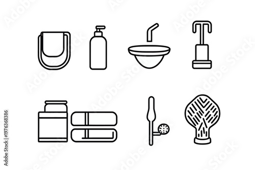 Collection of eight minimalist, line-drawn icons representing various hygiene and healthcare items