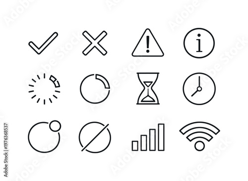 Line style of Status UI vector icons: check, cross, warning, info; loading, progress, spinner, wait; online, offline, signal,